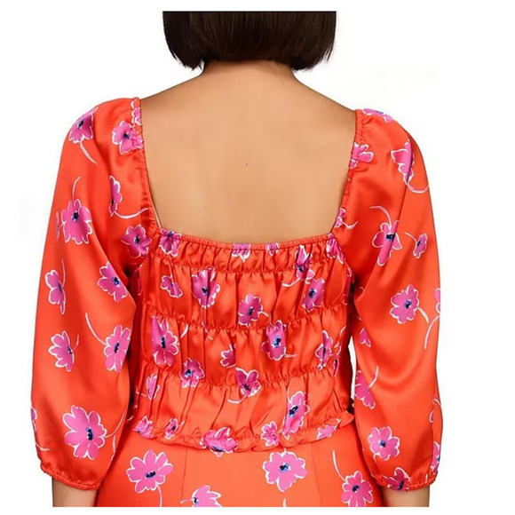 Sanctuary NWT Woven Satin 3/4 Puffed Sleeve Smocked Floral Print Red Crop Top S - Picture 2 of 10